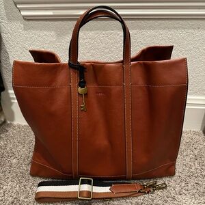 Fossil Tan Leather Tote with Key Charm
